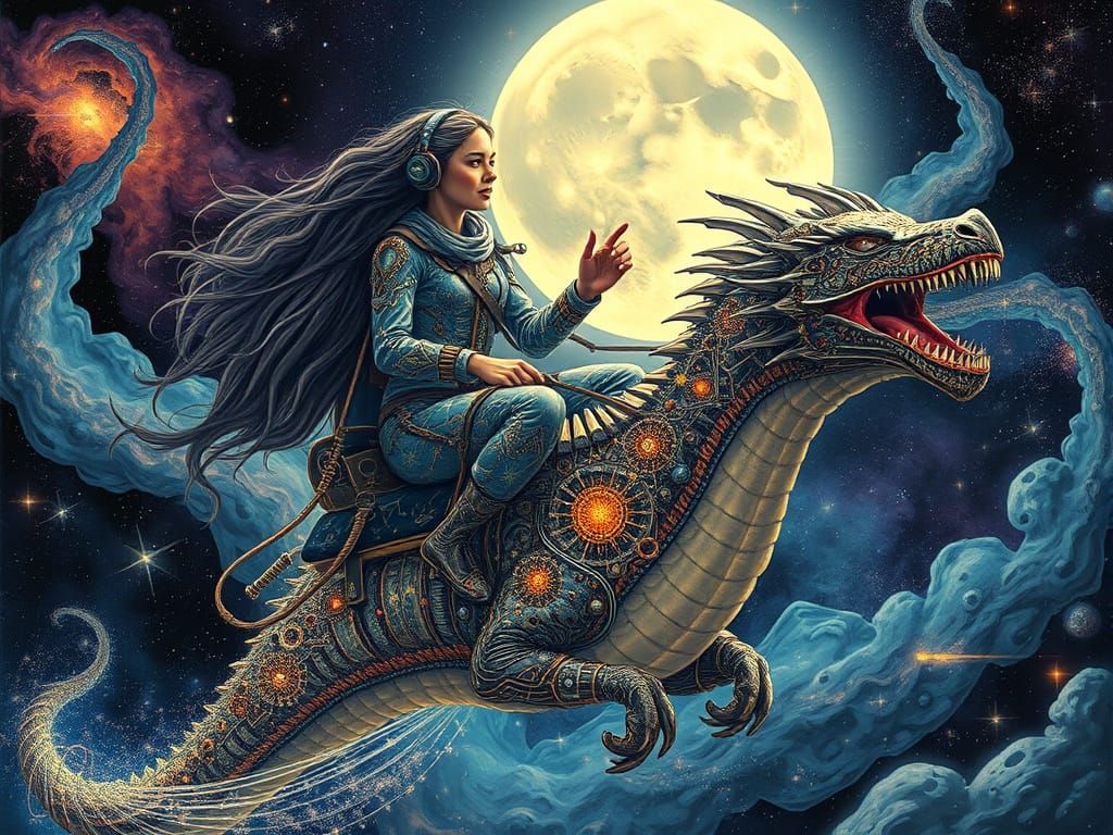 Cosmic Space Explorer Rides Woven Starlight Spacesuit Dragon
