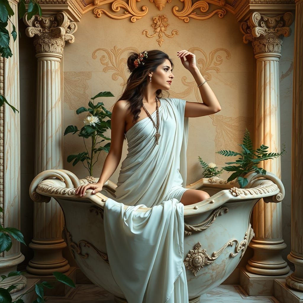 Woman as Faun Bathes in Ornate Marble Vase