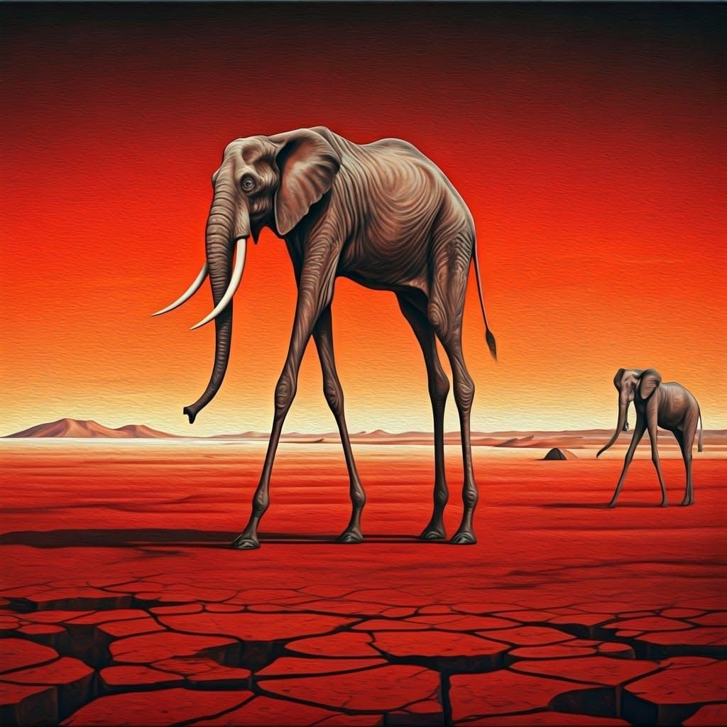 Surreal Elephants in Red Desert: Dali-esque Painting
