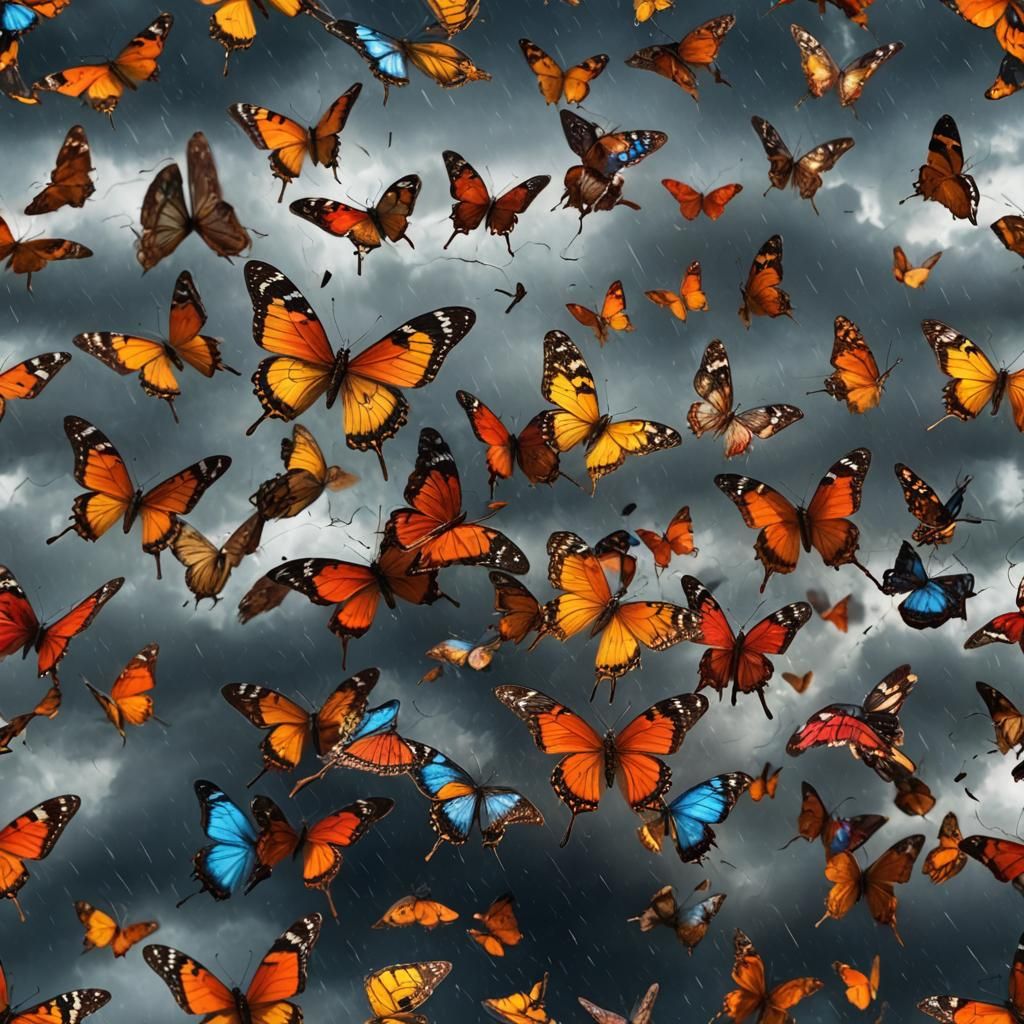 A beautiful butterfly on its wings are the patterns of a terrible storm high resolution realistic skin sharp focus vibra...