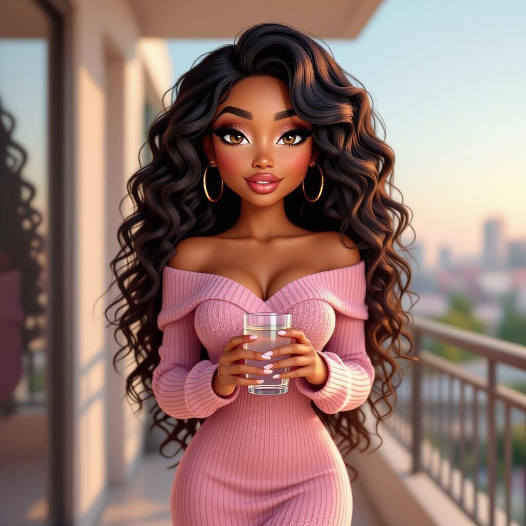 3D Cartoon Portrait of Confident Ebony Woman in Pink Dress