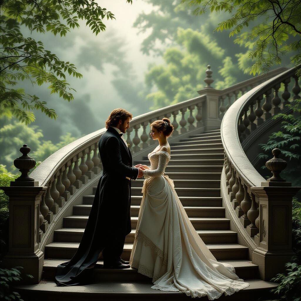 Victorian Couple on Ornate Staircase in Misty Park