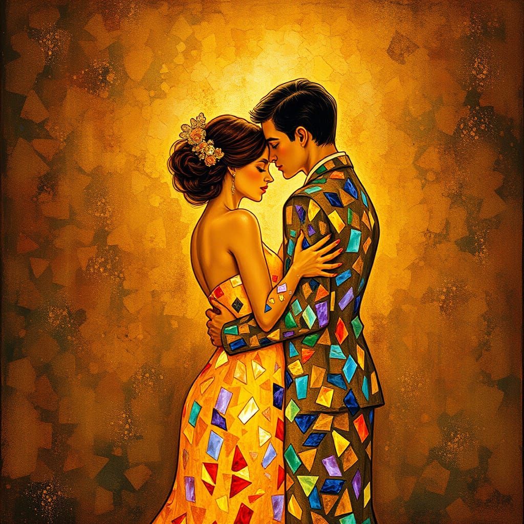 Lovers Embrace as Crystalline Prisms in Golden Light