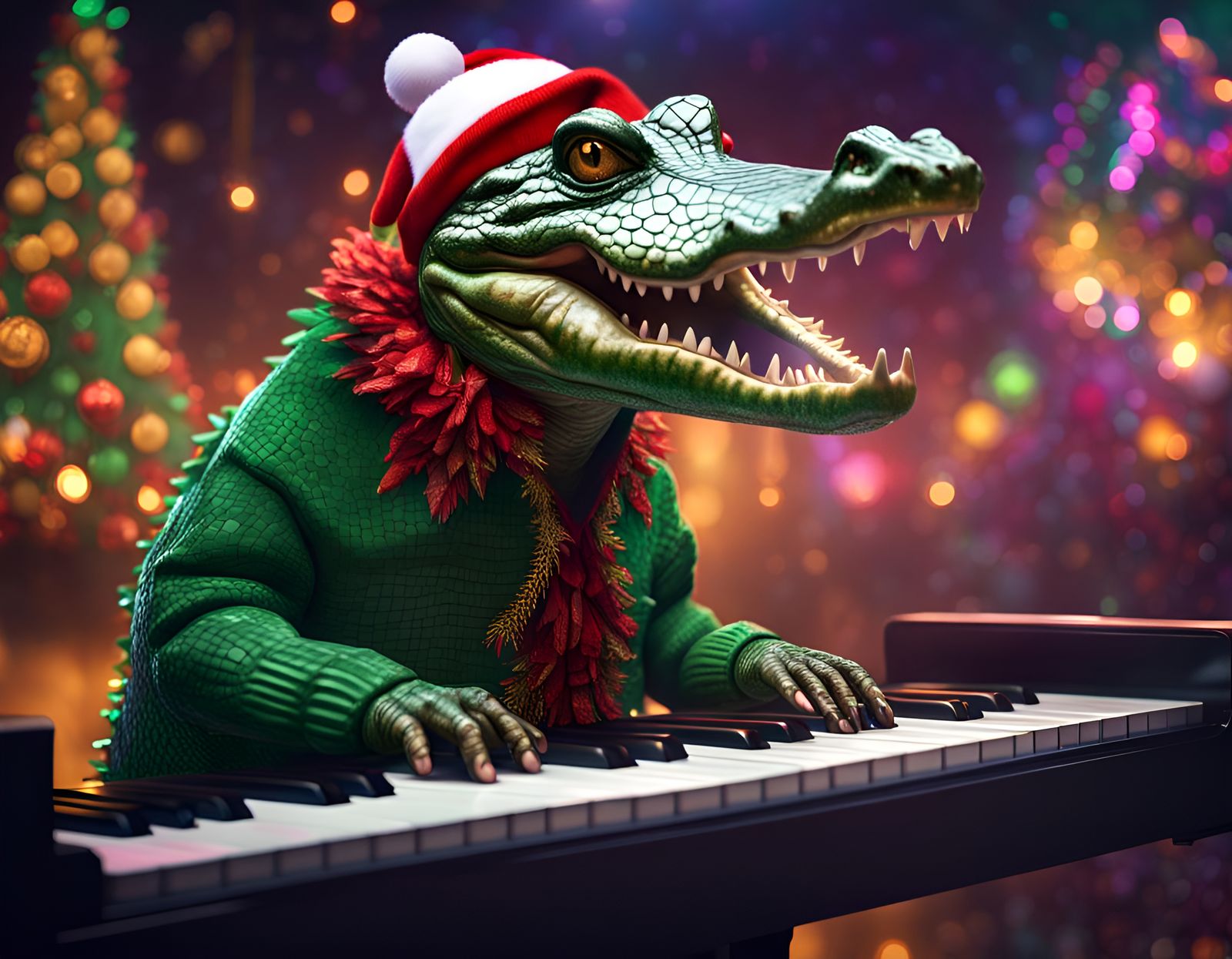 Alligator Plays Piano in Ugly Christmas Sweater