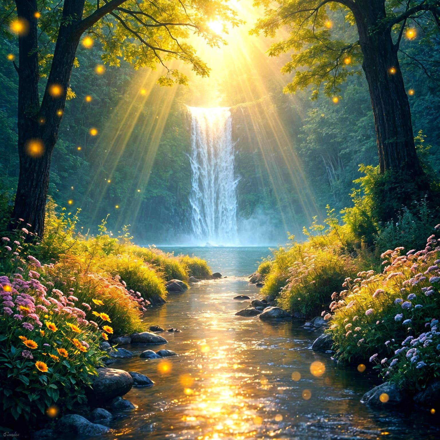 Ethereal Paradise with Fireflies and Rainbow Reflections