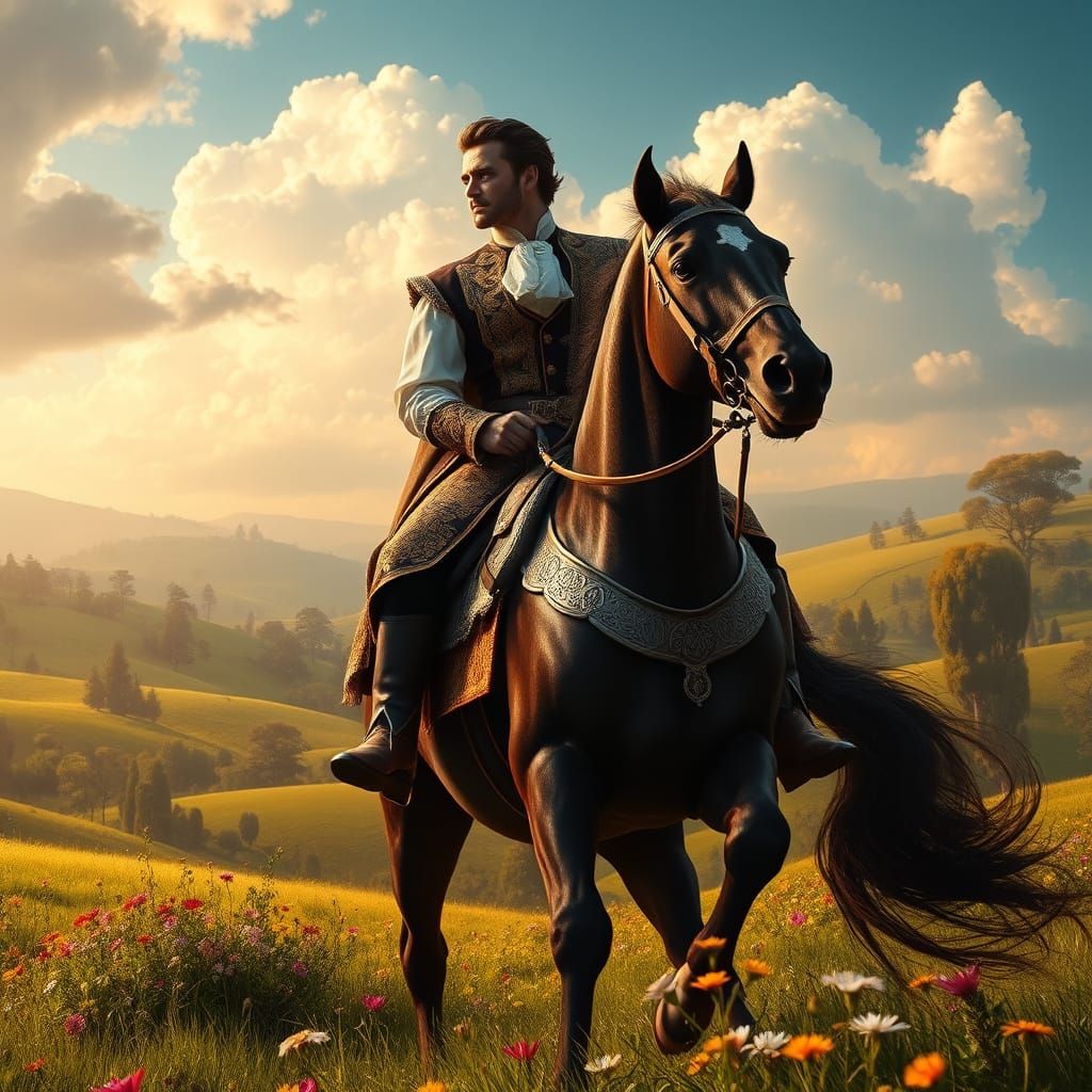 Elegant Gentleman Rides Horse Across Lush Green Countryside ...