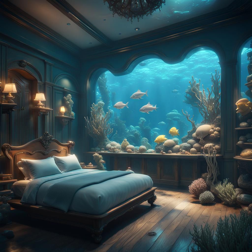 Sea Life Family in Underwater Mansion, 3D Render