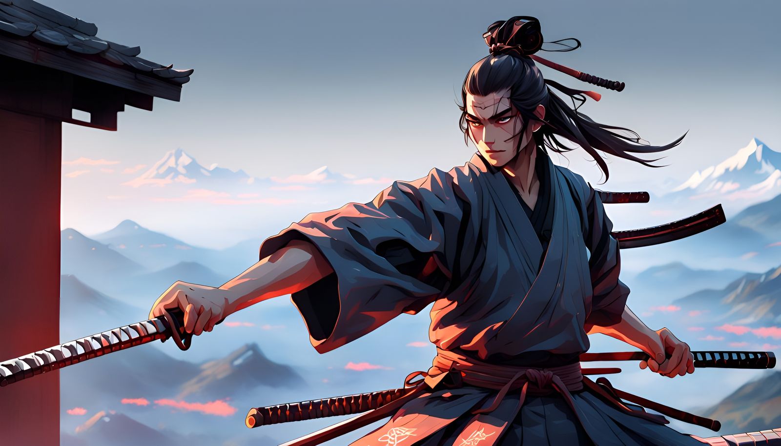 Samurai on High Wall: Digital Anime Illustration