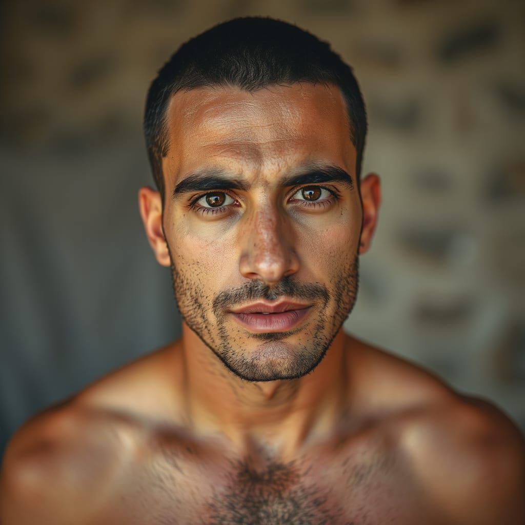 Arab Man with Strong Chest and Piercing Brown Eyes