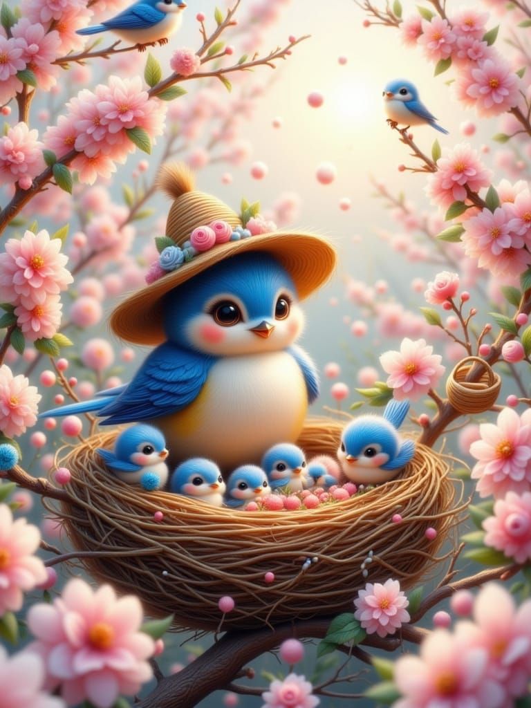 Adorable Bluebird Family in Blossoming Nest