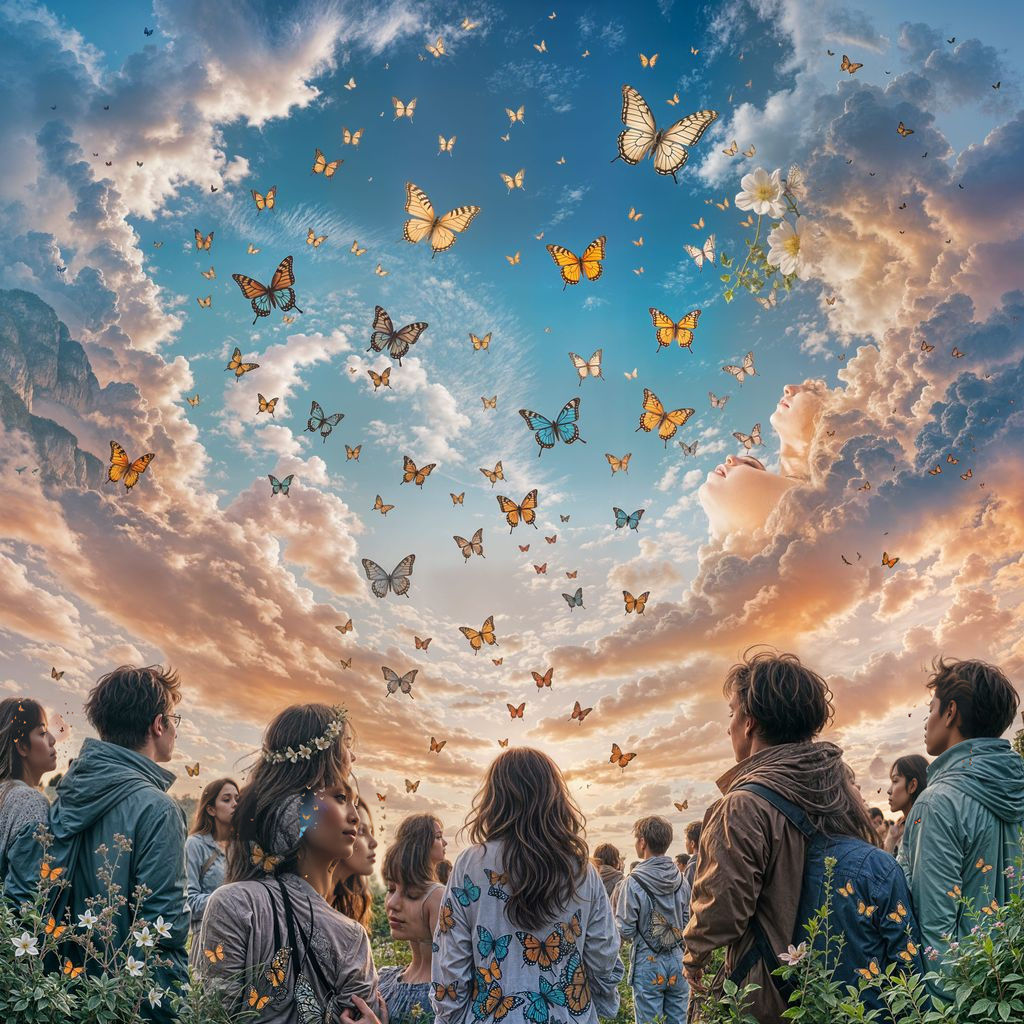 People Under a Butterfly Sky