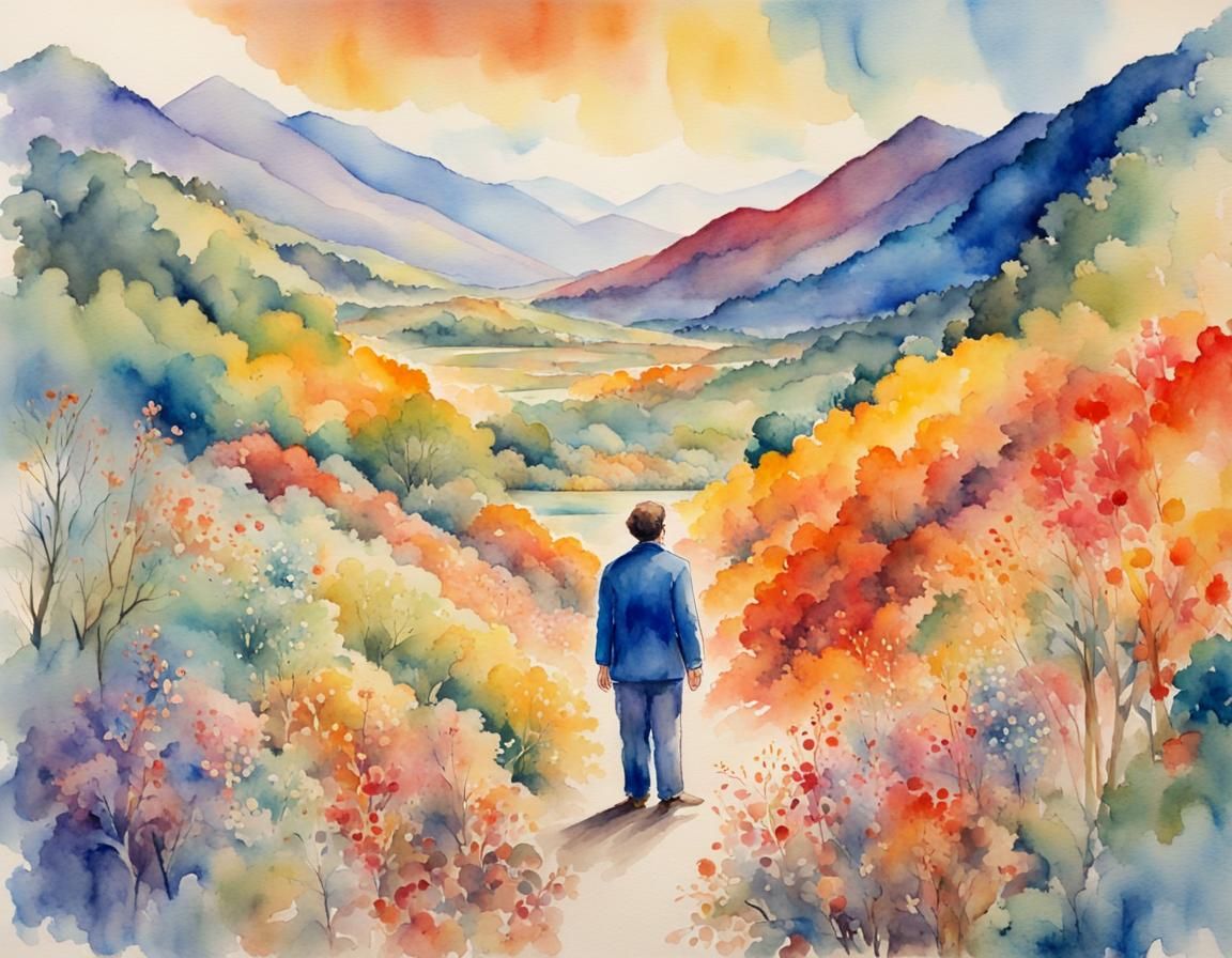 Vivid Watercolor Landscape with Adult Figure