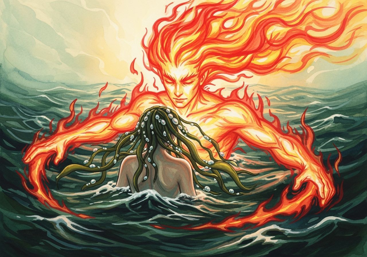 Water Spirit Embraces Fire: Impressionist Watercolor Art