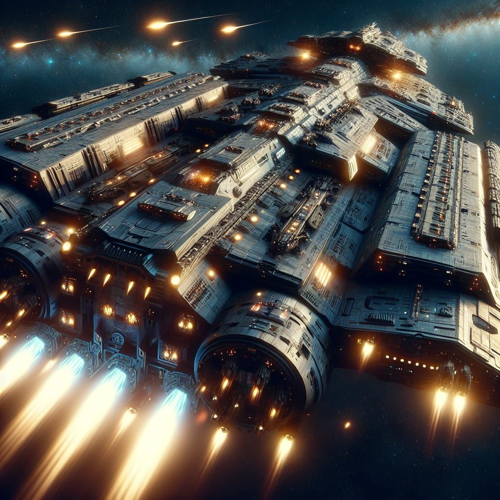 Colossal Spaceship Armed for Battle in Deep Space