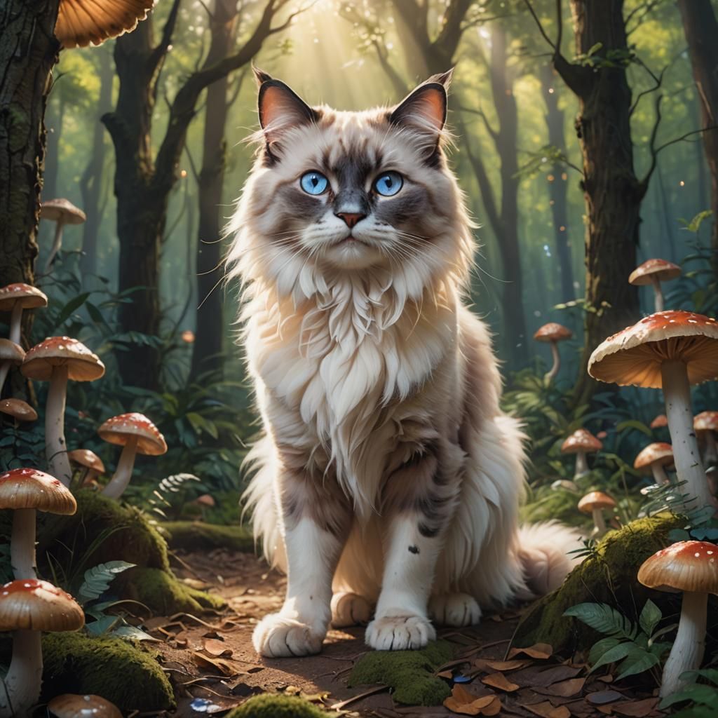 Ragdoll Cat in Mystical Forest: Hyperrealistic Splash Art