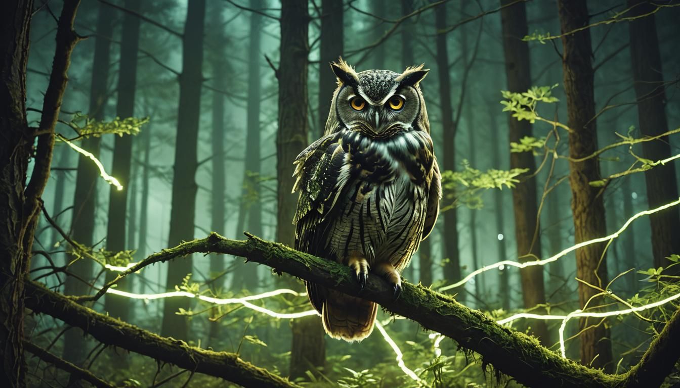Enchanted Forest at Night with Neon Owls