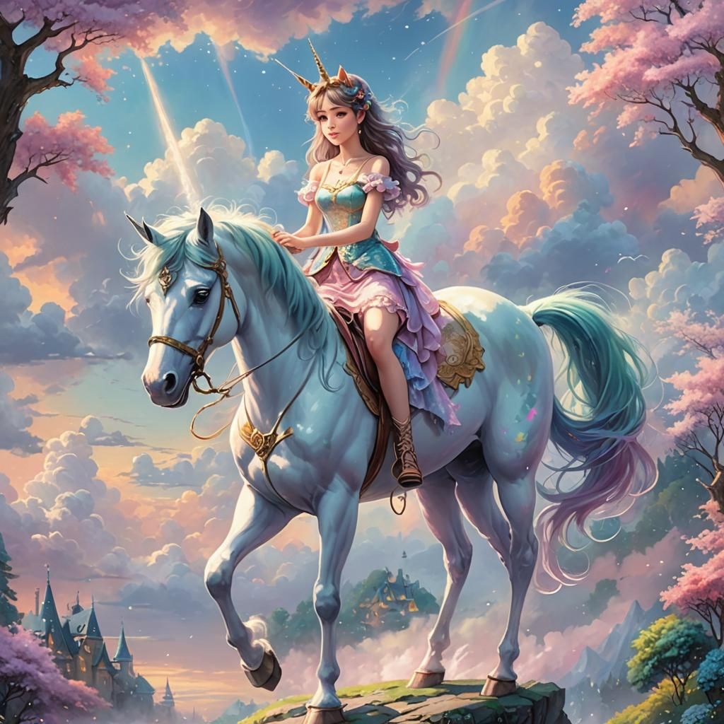 Anime Girl with Unicorn in Ethereal Fantasy Sky