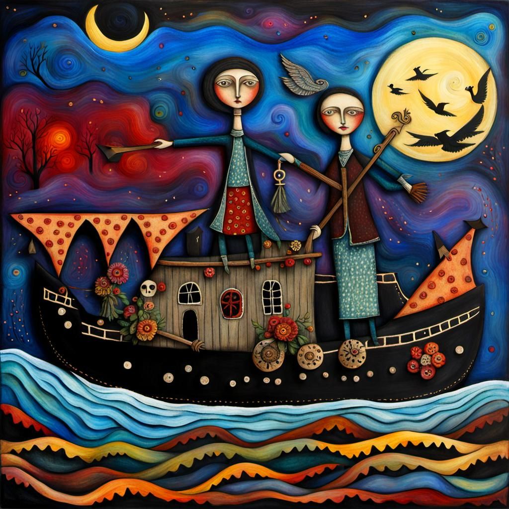 Charon Ferries a Soul to the Underworld in Folk Art