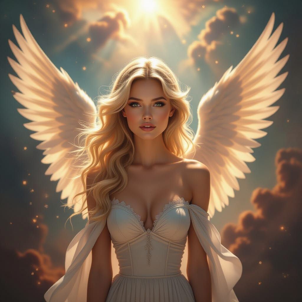Radiant Blonde Angel in Celestial Dreamscape