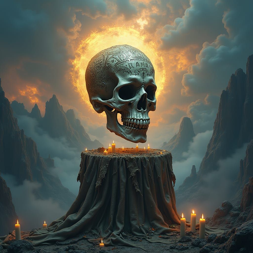 Ornate Skull with Mystical Runes in Dreamlike Landscape