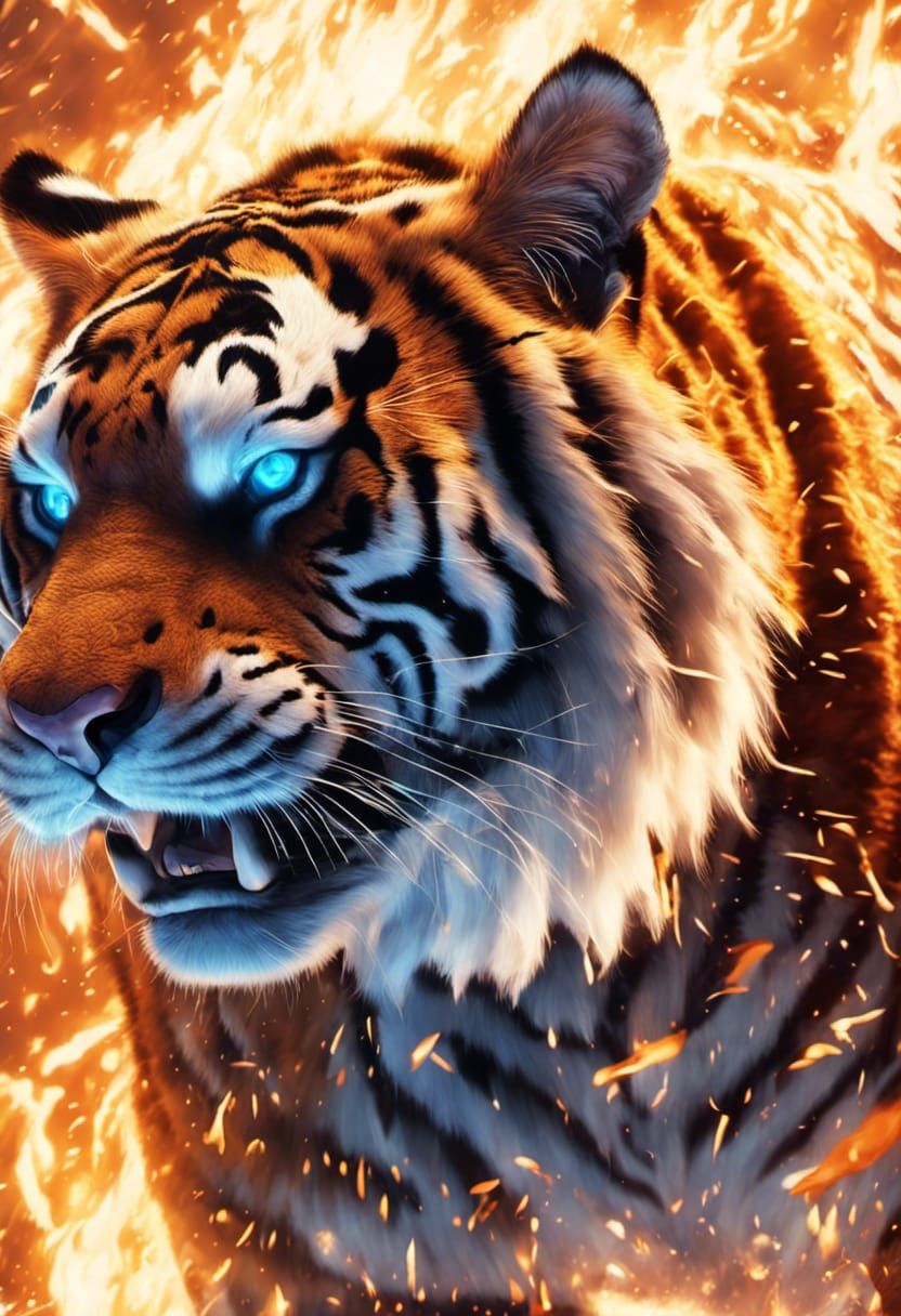 Fiery Obese Tiger with Blue Eyes: Fantasy Concept Art