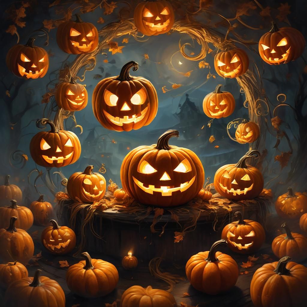 Dancing Jack-o-Lanterns in Whimsical Fantasy Art