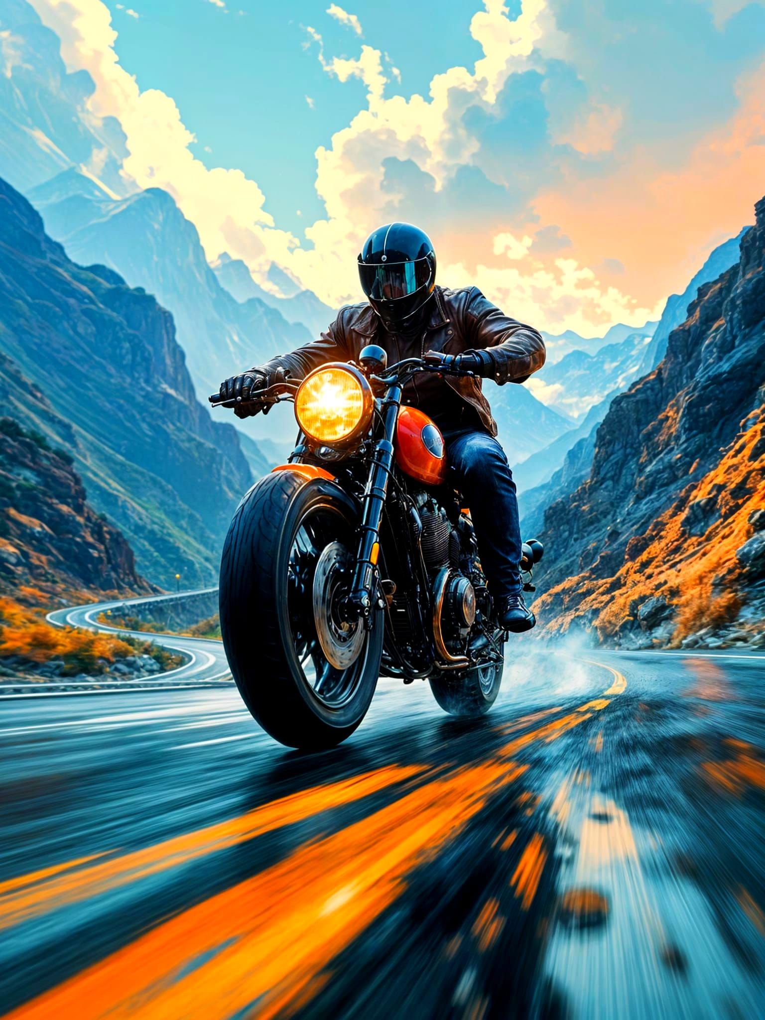 Man on Cafe Racer Motorcycle Uphill in Comic Style