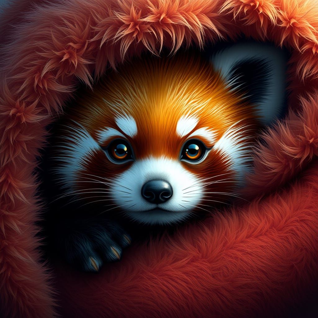 Cute Red Panda Peeking from Blanket in Matte Painting Style