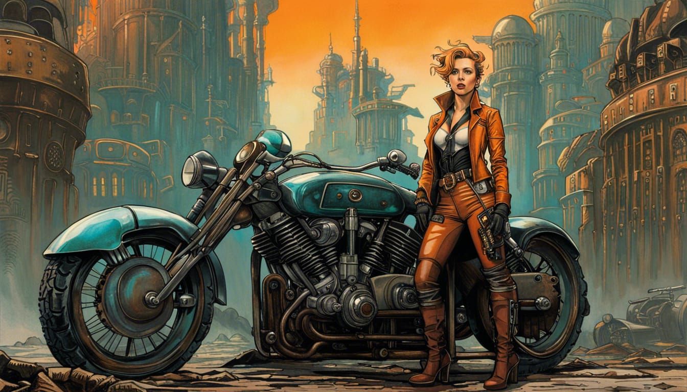 Dieselpunk Motorbike with Cityscape Background