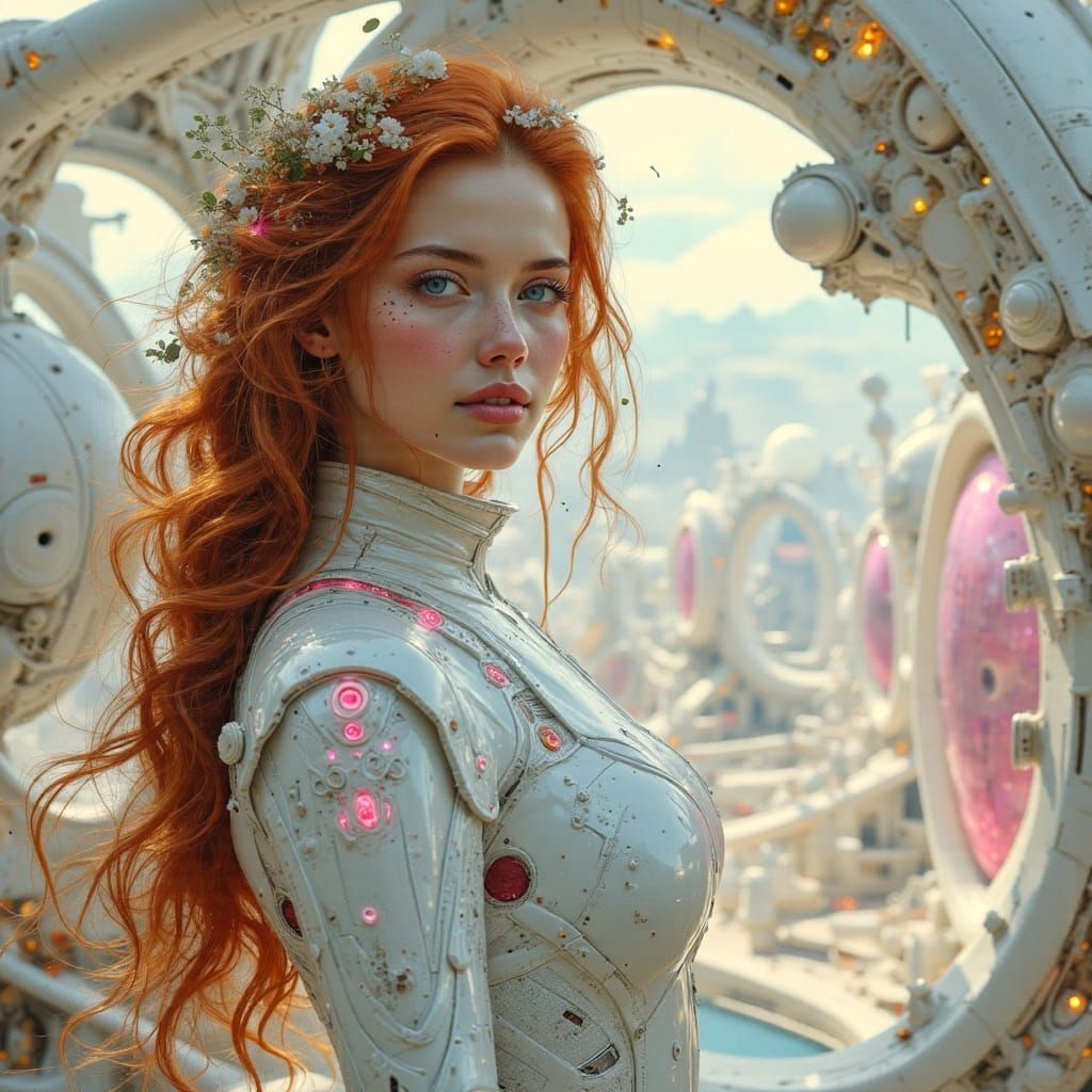 Galactic Woman on Solar-Punk Spaceship in Oil Painting