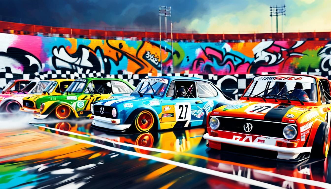 Volkswagen Race Cars in Hyperrealistic Graffiti Art