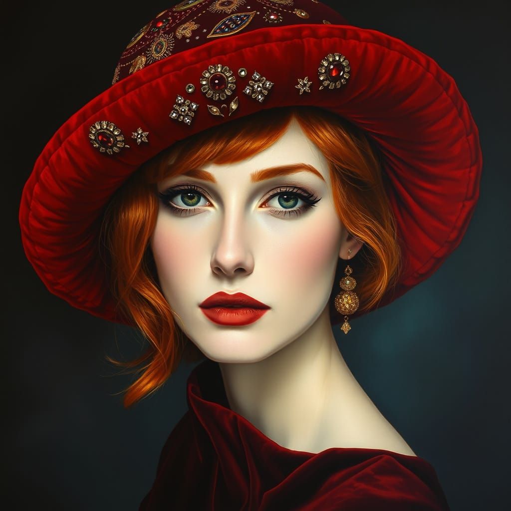 Redhaired Woman in Extravagant Embroidered Hat