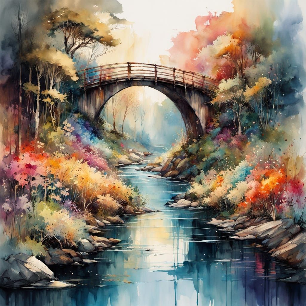 Colorful Rainbow Bridge in Digital Watercolor Illustration