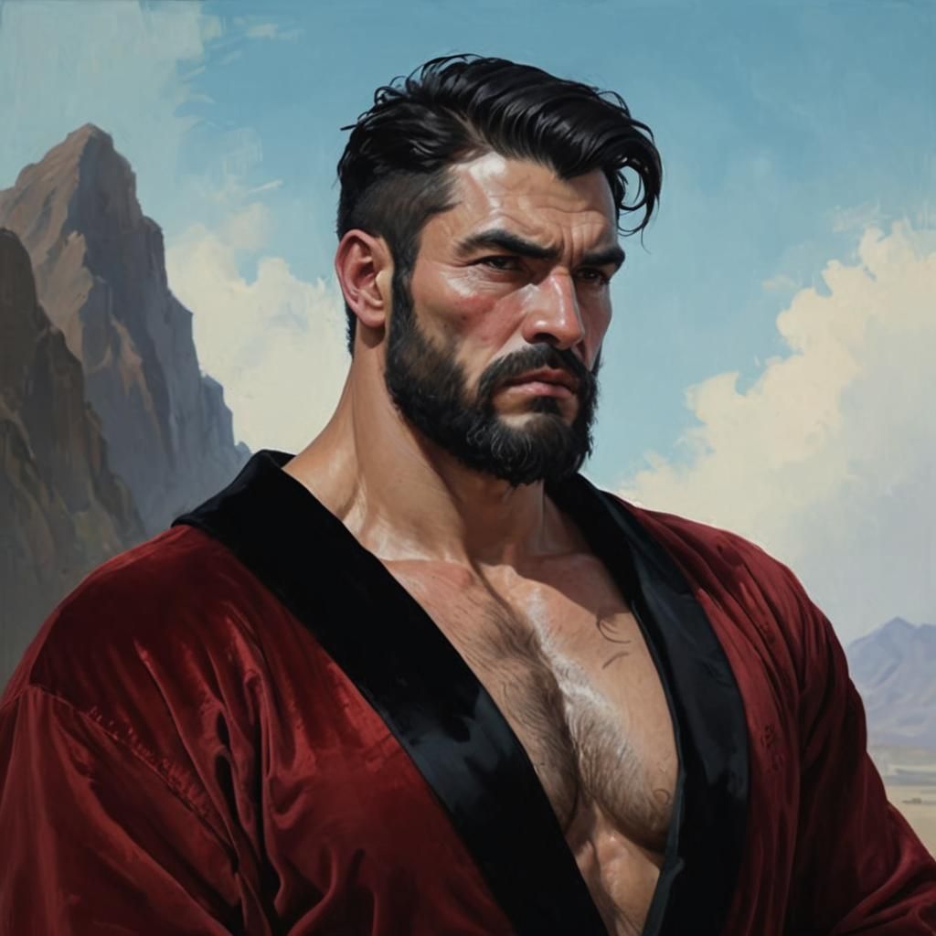 Elegant Man in Red Velvet Robe, Impressionist Style