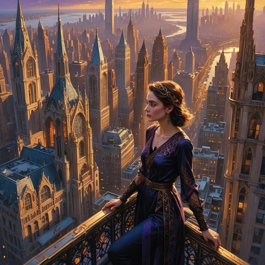 Woman Gazing at Sunset Over Gothic New York Skyscraper