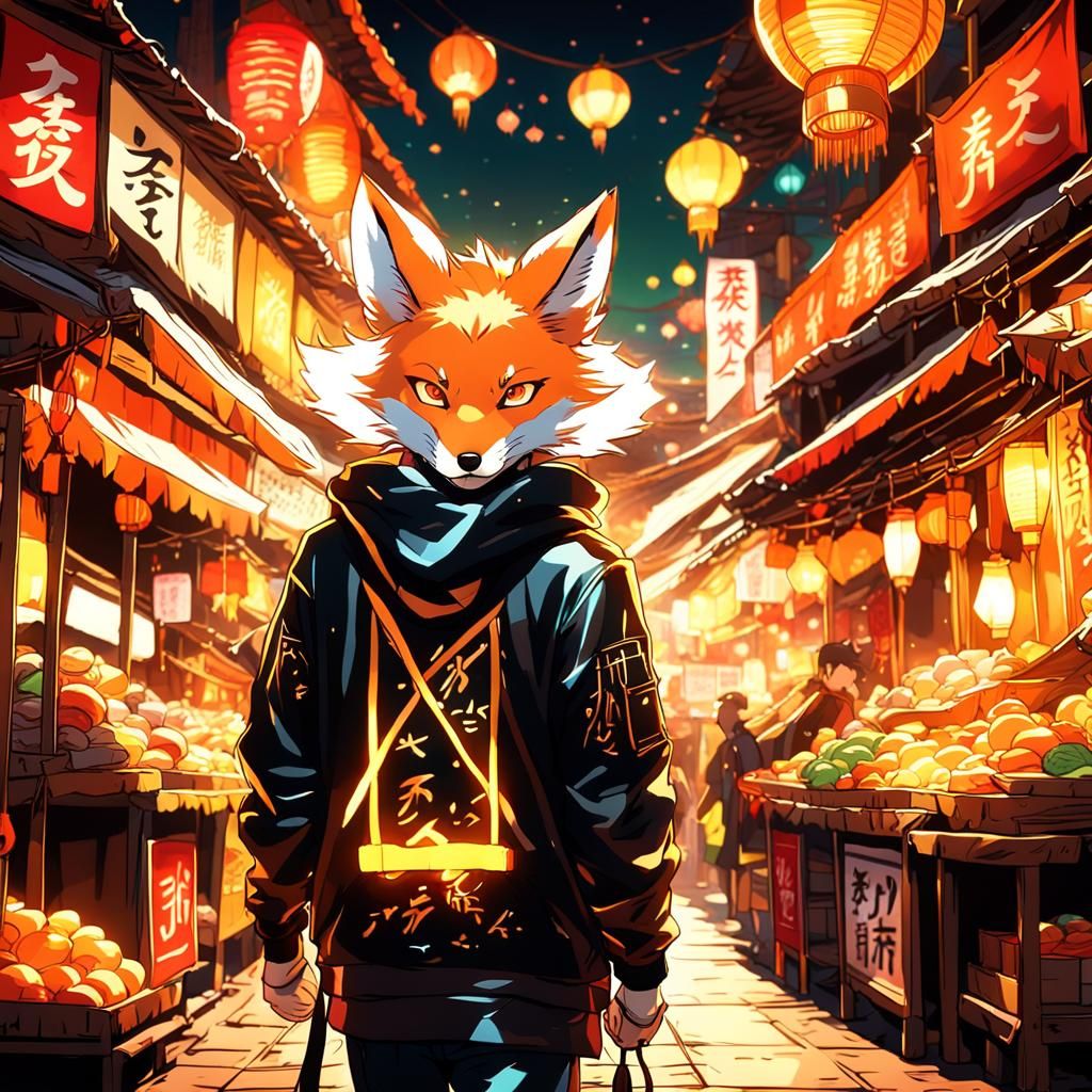 Kitsune Thief in Neon Anime Market