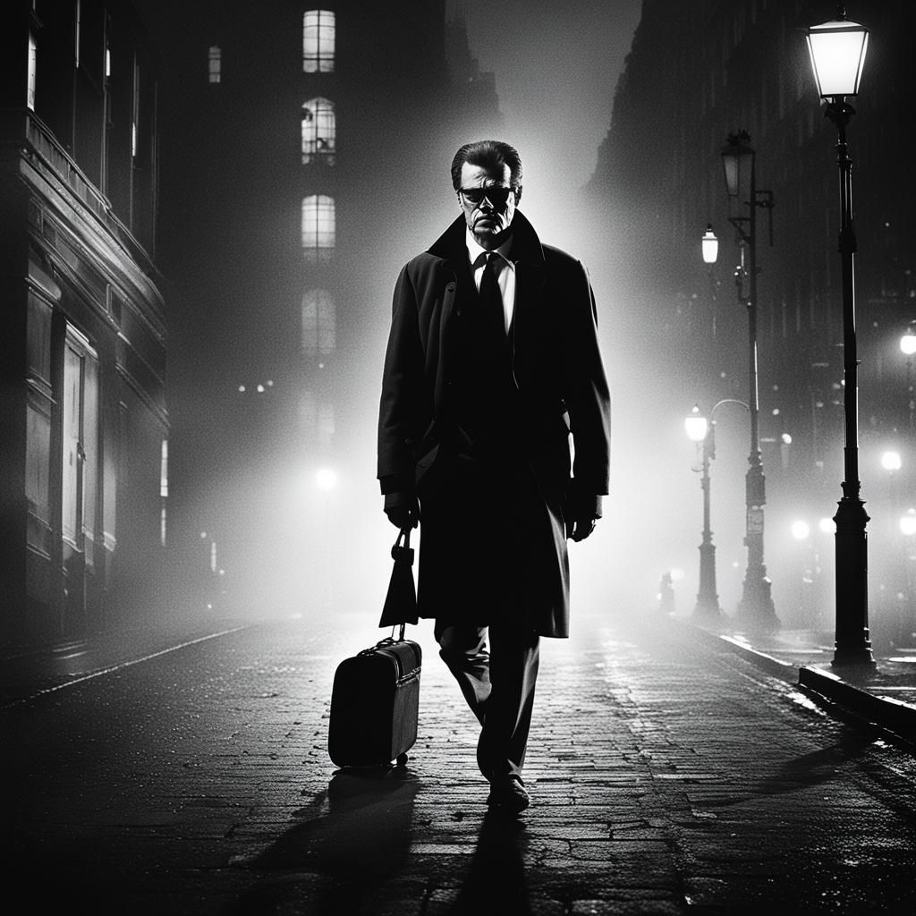 Man Follows Spy in Foggy City Street: Photography