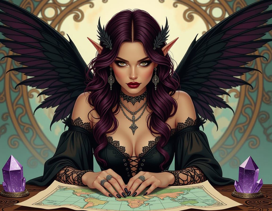 Death Faery in Art Nouveau Style Gazing at Map