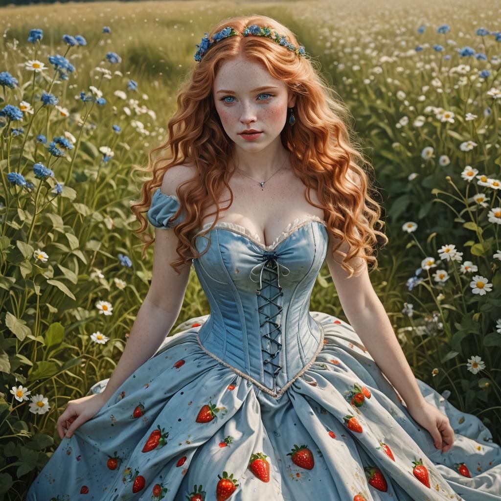 Strawberry Blonde Princess in Meadow, Photorealistic