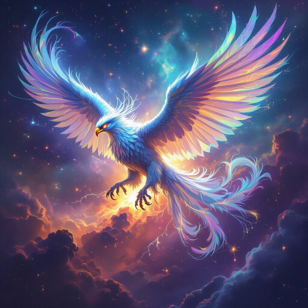 Bioluminescent Griffin Soaring Through a Nebula