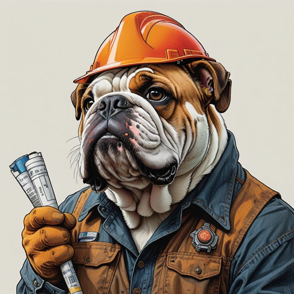 Bulldog Construction Worker in Comic Book Art Style