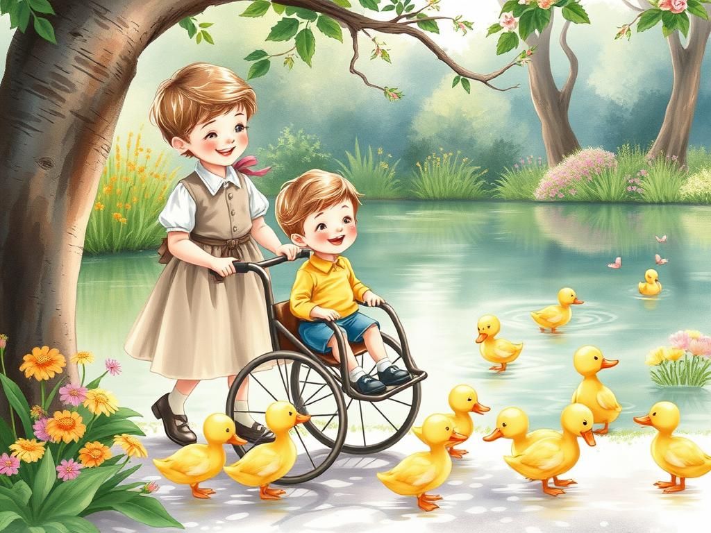 Siblings Share Joyful Moment at Pond, Watercolor Illustratio...