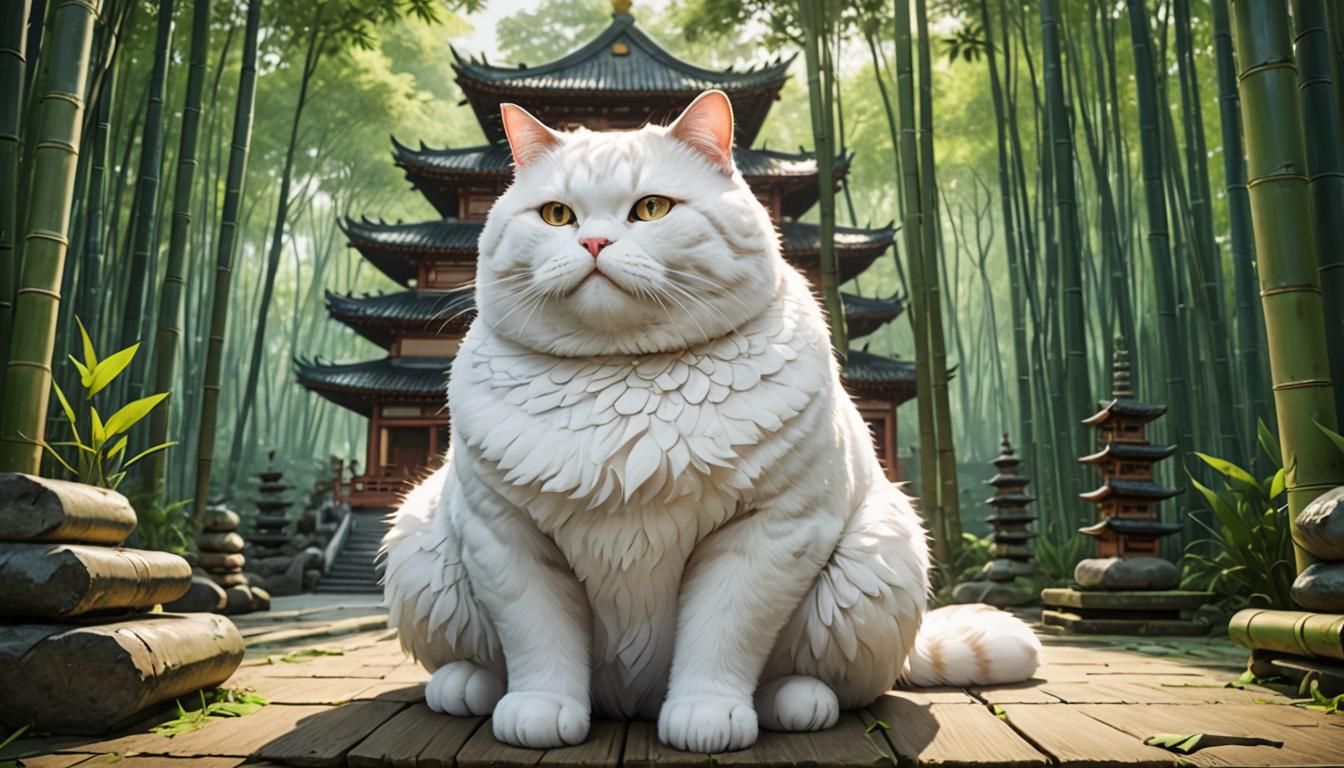 Zen Cat in Bamboo Forest: 3D Anime Art