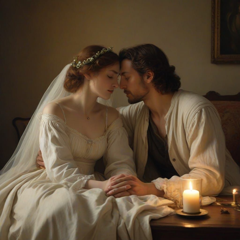 Surreal Realist Painting of a Romantic Couple in Intimate Ca...