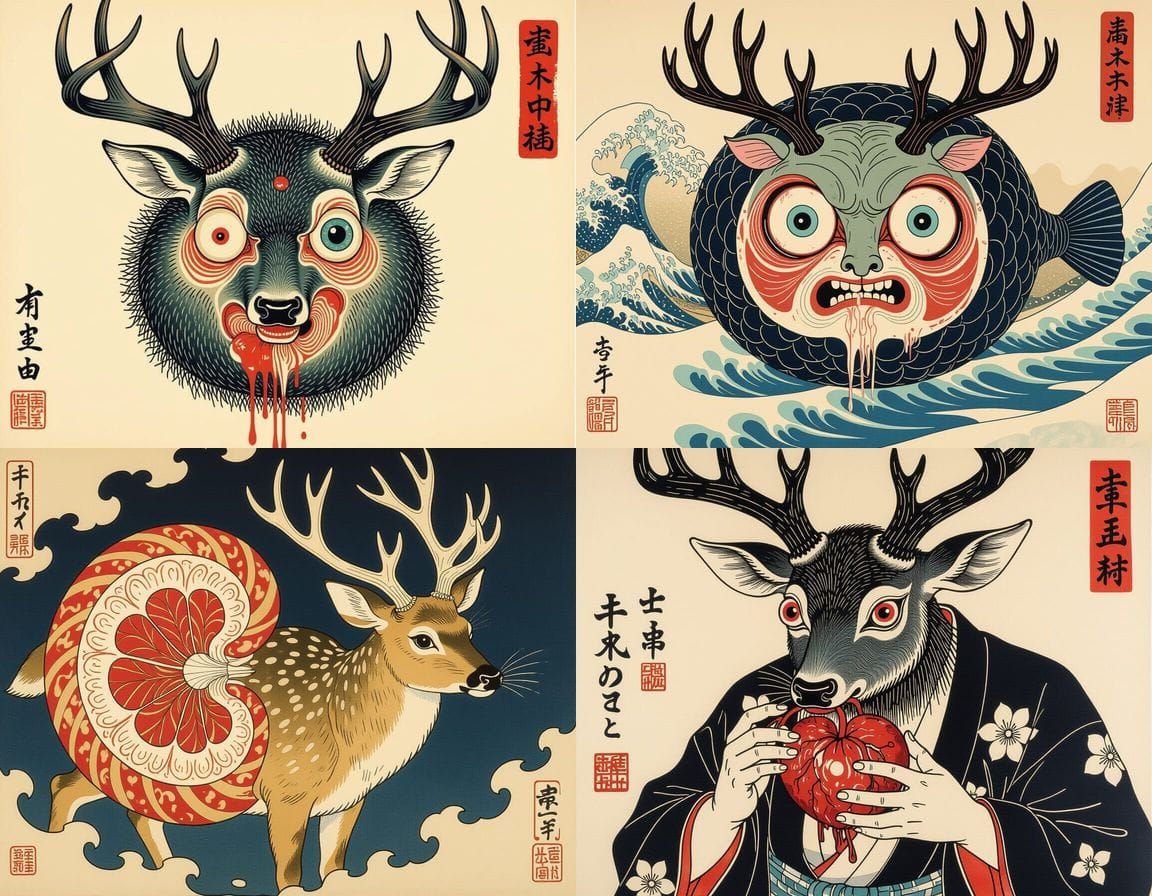 Grotesque Mutant Deer in Ukiyo-e Style