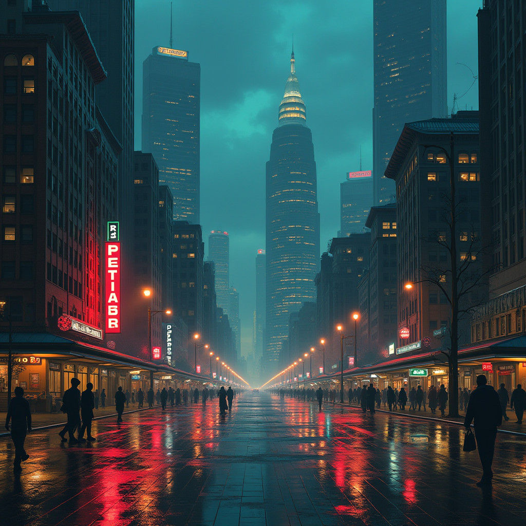 Surreal Cityscape at Dusk in Retro-Futuristic Style