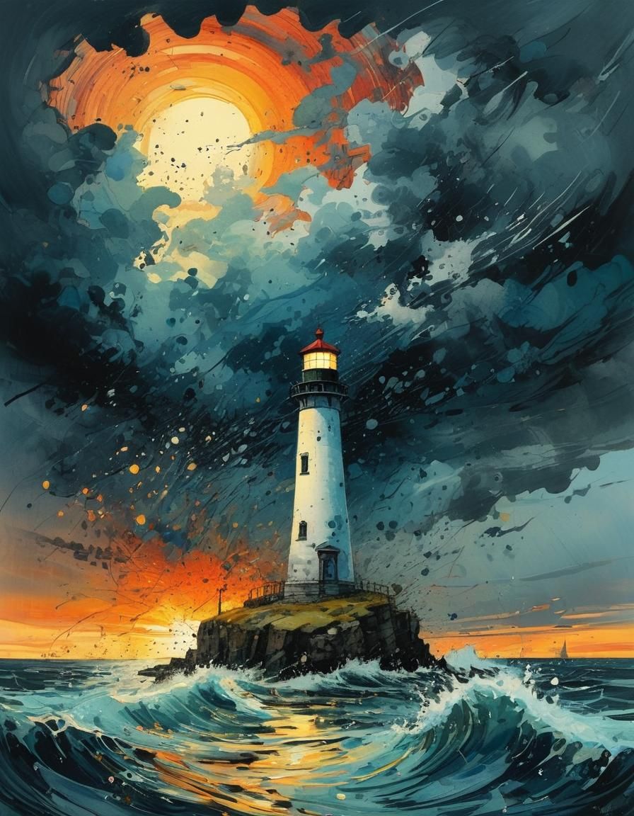 Lighthouse in Storm at Sunset: Vibrant Impressionist Style