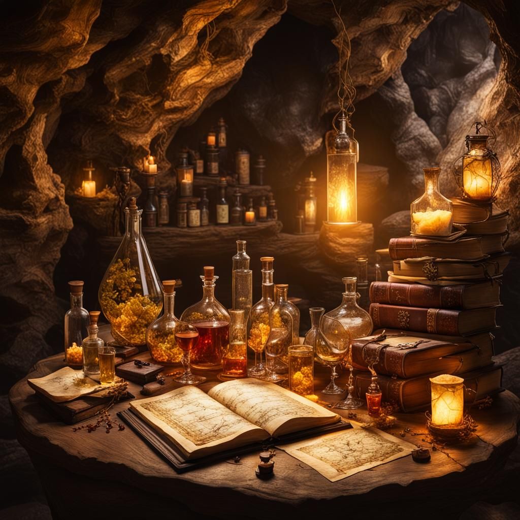 Hidden Alchemy Lab in Cave with Vintage Lighting