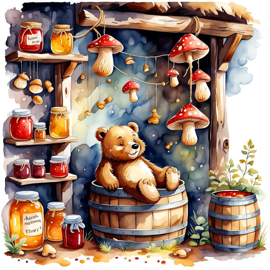 Cute Bear in Den: Watercolor Cartoon Illustration