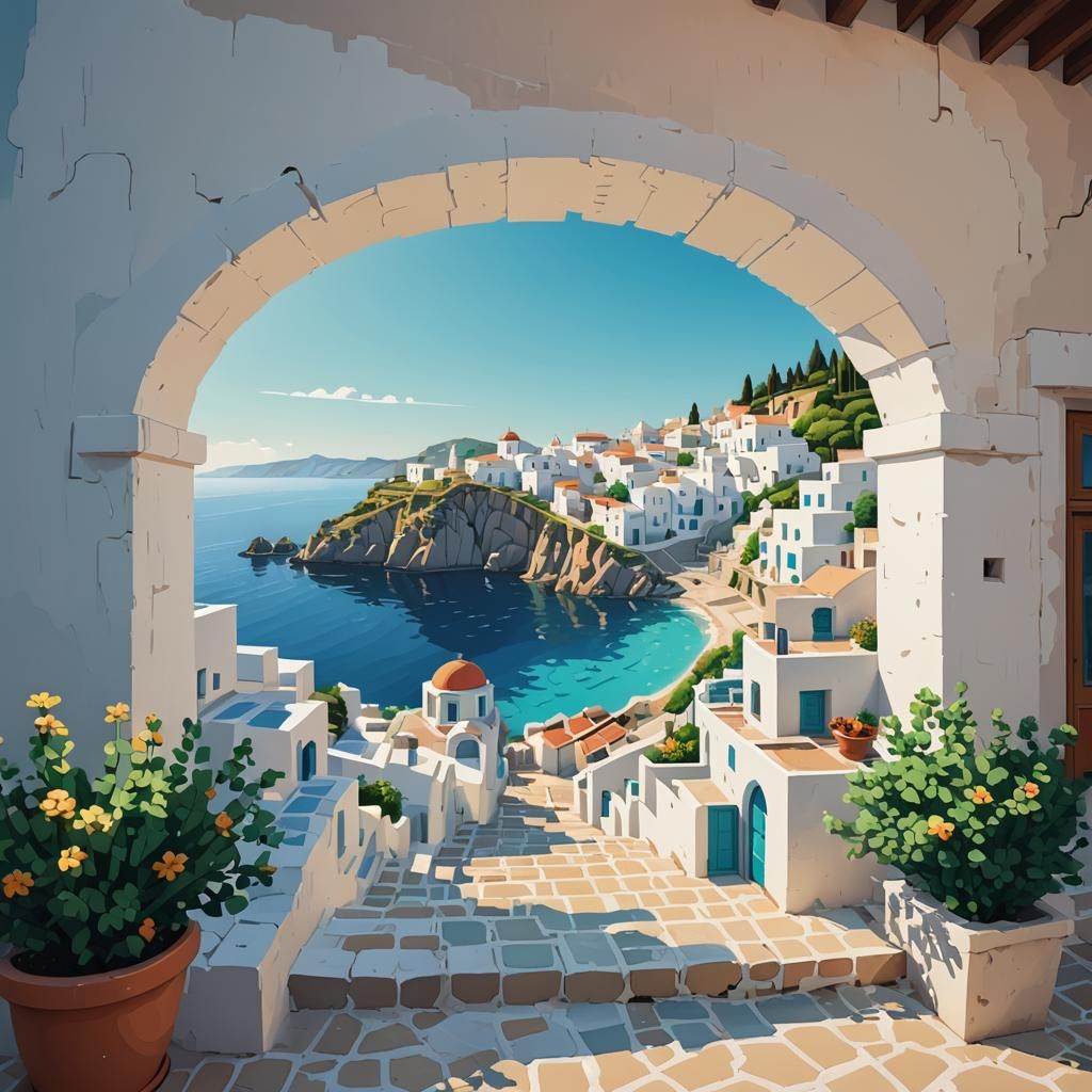 Pixel Art Greek Seaside Village in 8-bit Style
